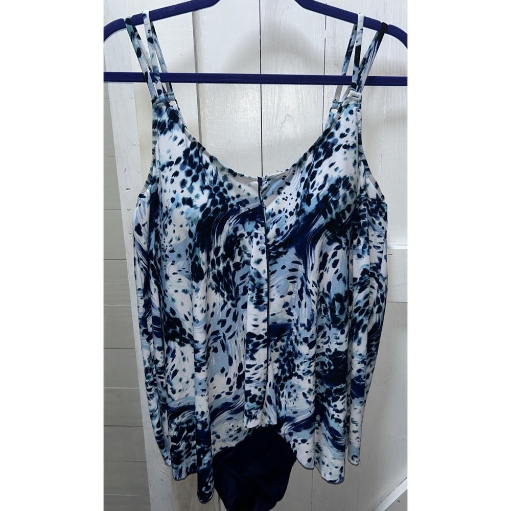 Paradise Bay One Piece  Padded Swimsuit Flowy Top Women's Size 20W Blue Print